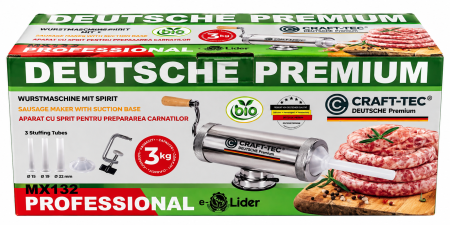 Aparat de umplut carnati orizontal 3Kg Craft-Tec, 3 palnii incluse, 2 sisteme de prindere [2]