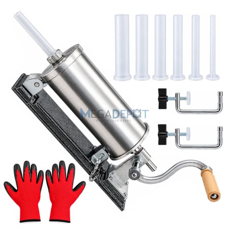 Aparat de umplut carnati, orizontal, capacitate 5 kg, inox alimentar premium, 6 palnii incluse, sistem AirStop, talpa metalica, 2 menghine, manusi [0]