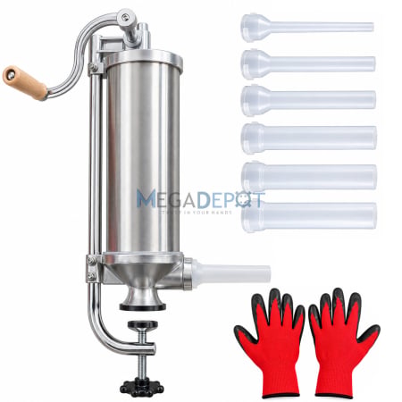 Bucatarie - Aparat de umplut carnati, vertical, capacitate 3 kg, inox alimentar premium, 6 palnii incluse, sistem antibule AirStop, garnitura silicon, fixare tip menghina