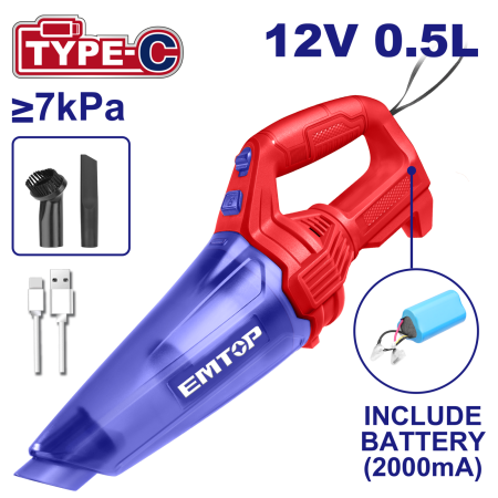 Scule electrice - Aspirator portabil cu baterie 2000mA, incarcare prin cablu tip C - ELVC2026, EMTOP
