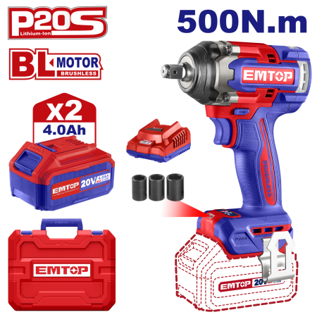 Scule electrice - Bormasina de impact si insurubat cu 2 acumulatori 4.0Ah, motor fara perii (brushless), 500 Nm, 1/2", 3 capete 21, 22, 24mm - ECiWL2050, EMTOP