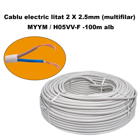Sfoara, Ghem Polipropilena, Tambur cablu otel zincat - Cablu electric litat 2 X 2.5mm (multifilar) MYYM / H05VV-F, Rola 100 metri, alb