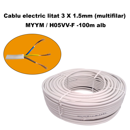 Sfoara, Ghem Polipropilena, Tambur cablu otel zincat - Cablu electric litat 3 X 1.5mm (multifilar) MYYM / H05VV-F, Rola 100 metri, alb