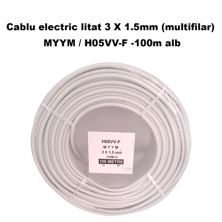 Cablu electric litat 3 X 1.5mm (multifilar) MYYM / H05VV-F, Rola 100 metri, alb [2]