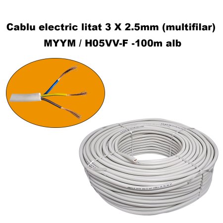 Sfoara, Ghem Polipropilena, Tambur cablu otel zincat - Cablu electric litat 3 X 2.5mm (multifilar) MYYM / H05VV-F, Rola 100 metri, alb
