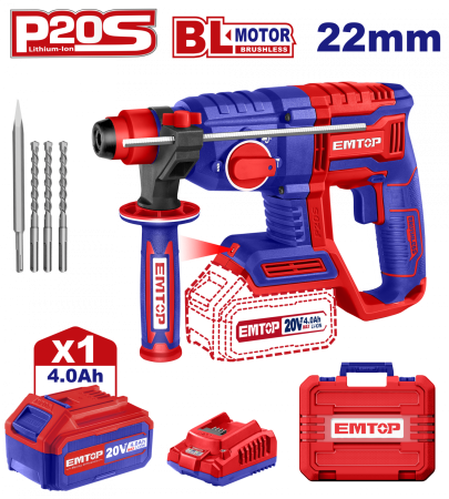 Scule electrice - Ciocan rotopercutor cu 1 acumulator 4.0Ah, motor fara perii (brushless), 22mm, 2.0J, 3 burghie, cutie de transport - ELRH202081, EMTOP