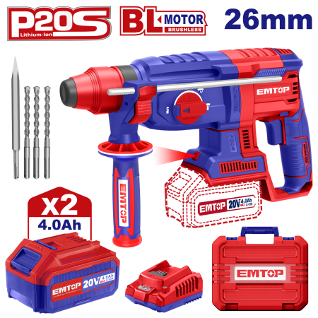 Scule electrice - Ciocan rotopercutor cu 2 acumulator 4.0Ah, 22mm, motor fara perii (brushless), cutie de transport - ELRH202287, EMTOP