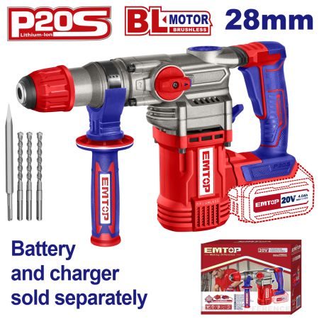 Scule electrice - Ciocan rotopercutor fara acumulator si incarcator, 28mm, 4 accesorii - ELRH20288, EMTOP