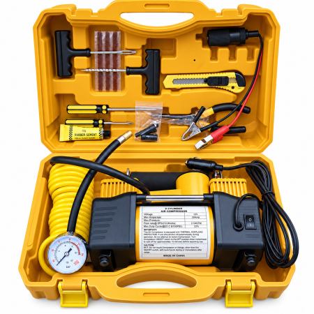 Redresoare, Compresoare, Pistoale Roti Auto - Compresor auto 12V cu 2 cilindri, manometru, kit reparatie anvelope si geanta de transport