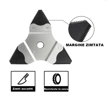 Disc de taiere triunghiular pentru motocositoare, 3T, diametru prindere 25.4mm, diametru disc 230mm, lungime muchie de taiere 65mm, grosime lama 2mm, otel tratat termic [3]