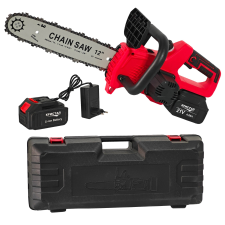 Motofierastraie - Drujba /mini fierastrau cu acumulator DDT-CRISTAL, 21V, 4A, Indicator procentaj baterie, sistem de ungere automat, Lama+Lant 12"Geanta transport, Rosu-Negru