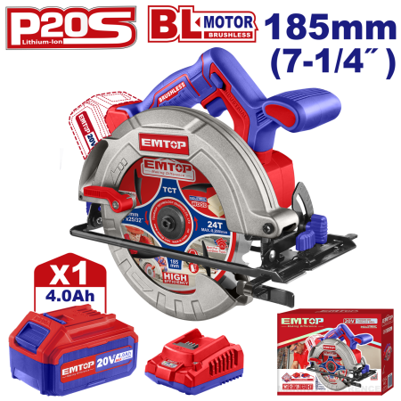 Scule electrice - Fierastrau circular cu 1 acumulator 4.0AH, motor fara perii (brushless), 185mm - ELCS18511, EMTOP