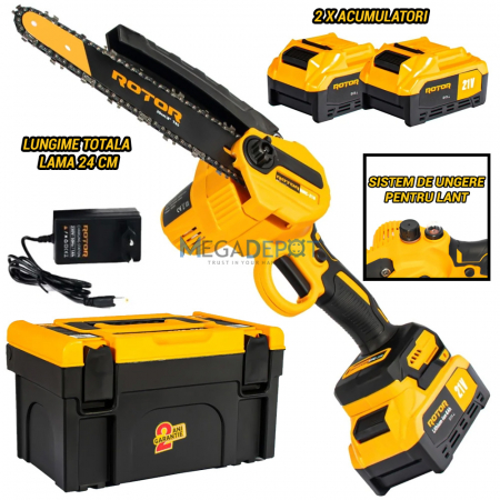Motofierastraie - Mini fierastrau cu acumulator Rotor RMC218, 900W, 21V/4Ah, Sistem ungere, Acumulatori inclusi