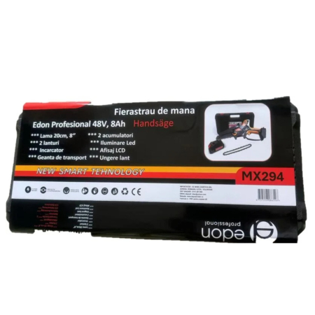 Fierastrau de mana (mini fierastrau) Edon Profesional 48V, 8Ah, Lama 25cm, Iluminare Led, Afisaj LCD, Ungere lant, 2 acumulatori, 2 lanturi, Incarcator, Geanta de transport [4]