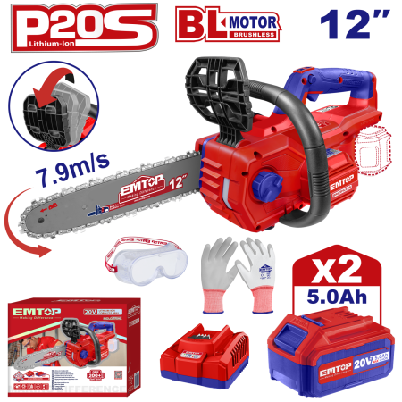 Motofierastraie - Fierastrau/Drujba cu lant cu 2 acumulatori 5.0Ah, motor fara perii (brushless), 30cm - ELGA201286, EMTOP