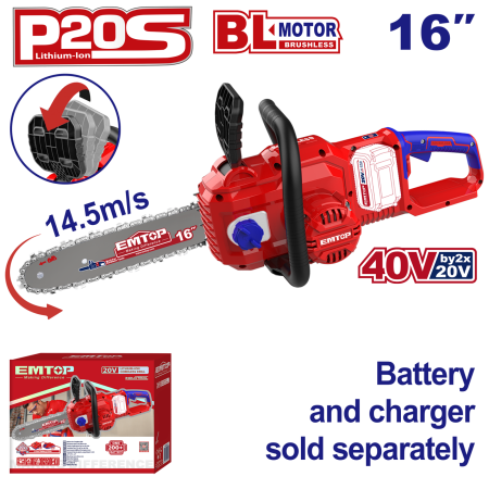 Motofierastraie - Fierastrau/Drujba cu lant fara acumulator si incarcator, motor fara perii (brushless), lant 40cm - ELGA40168, EMTOP