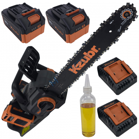 Fierastraie electrice cu lant - Fierastrau electric cu lant pe 2 acumulatori KZUBR 42V Brushless, lama 40 cm, capacitate marita, 2 incarcatoare, ungere lant automata, frana de protectie,  sistem intindere lant SuperEasy