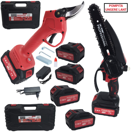 Agro & Zootehnie - Foarfeca de taiat crengi, pe acumulator, 48V/8Ah, 2 acumulatori, Accesorii incluse, Geanta de Transport