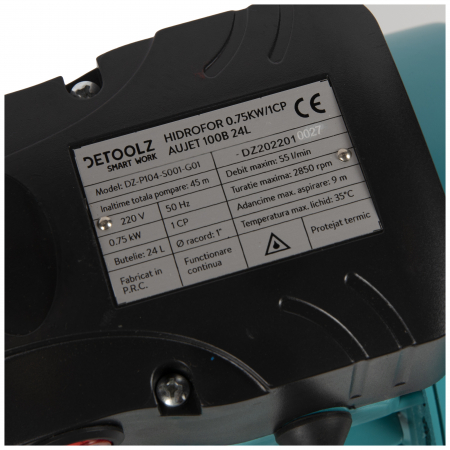 Hidrofor Detoolz DZ-P104, 0.75kW/1HP, AUJS100, Adancime 9m, Inaltime 45m, 2850RPM [6]