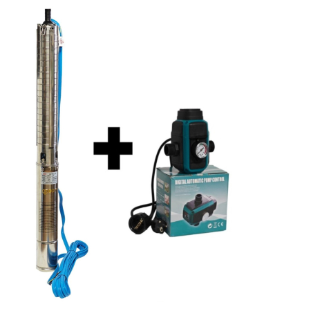 Pompe submersibile - Kit Pompa submersibilă de adâncime DDT 4SP5/17 – 2 kW, 3 CP, 9 m³/h, 120 m inaltimea de refulare , 17 turbine inox, cu panou de control, rezistenta la nisip+ Presostat electronic inteligent digital