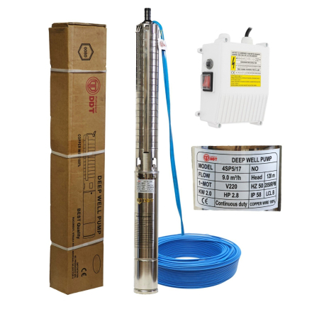 Kit Pompa submersibilă de adâncime DDT 4SP5/17 – 2 kW, 3 CP, 9 m³/h, 120 m inaltimea de refulare , 17 turbine inox, cu panou de control, rezistenta la nisip+ Presostat electronic inteligent digital [1]