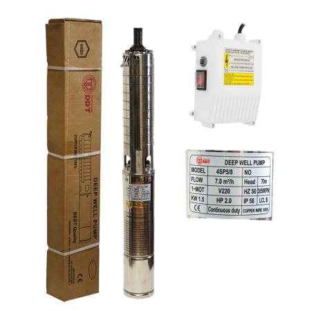 Kit pompa submersibilă de adâncime DDT 4SP5/8 – 1.5 kW, 2 CP, 7 m³/h, 8 turbine inox cu panou de control, rezistenta la nisip + Presostat electronic inteligent digital [1]