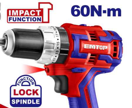 Masina de gaurit cu impact cu 2 acumulatori, 60Nm, motor fara perii, compacta - ECiDL20602, EMTOP [1]