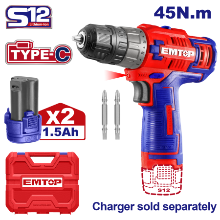 Scule electrice - Masina de gaurit si insurubat  cu 2 baterii 1.5Ah, incarcare prin cablu tip C, 45Nm, cutie de transport, fara incarcator - ECDL12620E, EMTOP