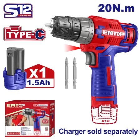 Scule electrice - Masina de gaurit si insurubat cu impact, cu 1 baterie 1.5Ah, incarcare prin cablu tip C, 20Nm, fara incarcator - ECDL12510, EMTOP