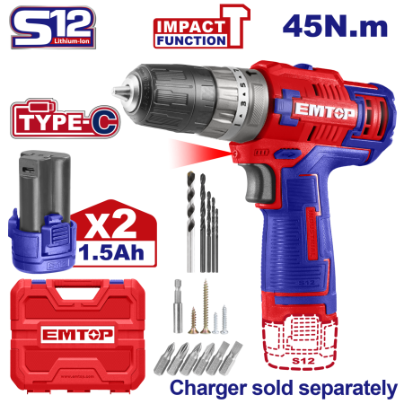 Scule electrice - Masina de gaurit si insurubat cu impact, cu 2 baterii 1.5Ah, incarcare prin cablu tip C, 45Nm, 50 accesorii, cutie de transport, fara incarcator - ECiDL12620, EMTOP