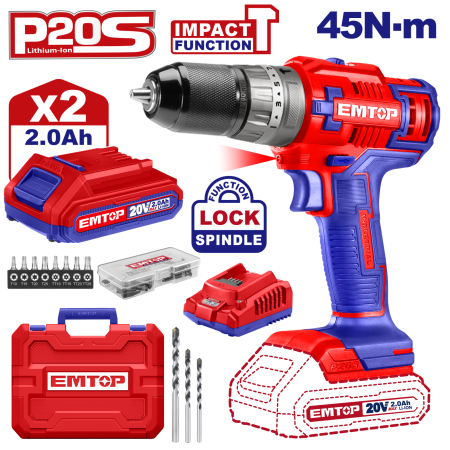 Scule electrice - Masina de gaurit si insurubat cu percutie cu 2 acumulatori 2.0AH, 45Nm, 55 accesorii, 3 burghie, cutie transport - ECiDL6200128, EMTOP