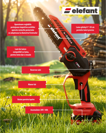 Mini fierăstrău cu lanț și acumulator ELEFANT EBS-104, 20V / 4Ah, Brushless [5]