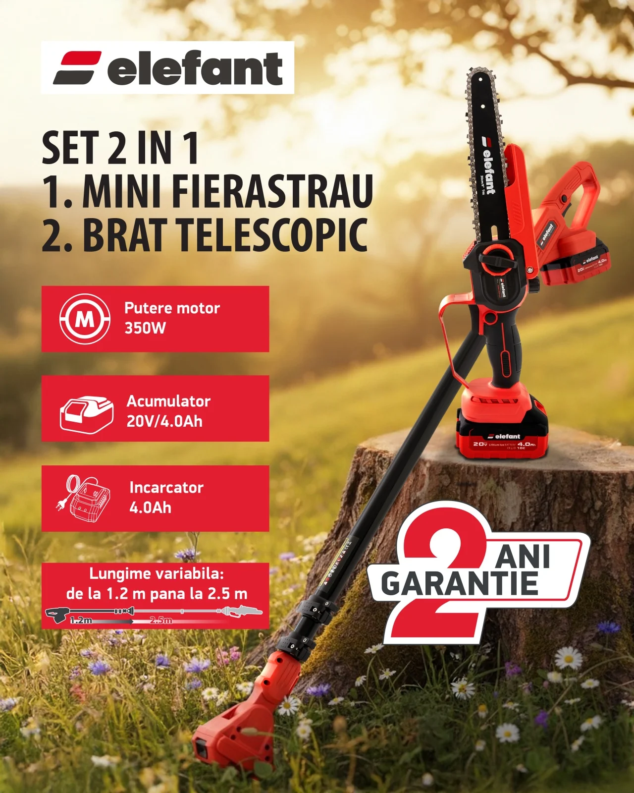 Minifierastrau cu extensie prelungire pe acumulator Elefant, 350W, 20V/4Ah, 4000RPM, Lungime lama 8" [15]