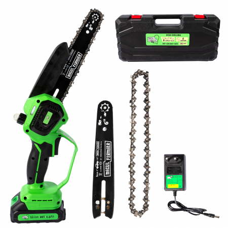 Fierastraie electrice cu lant - Minifierastrau Micul Fermier, 20V/1.5Ah, 1 lama 6” + lant, 1 lama 8” + lant, acumulator si incarcator incluse