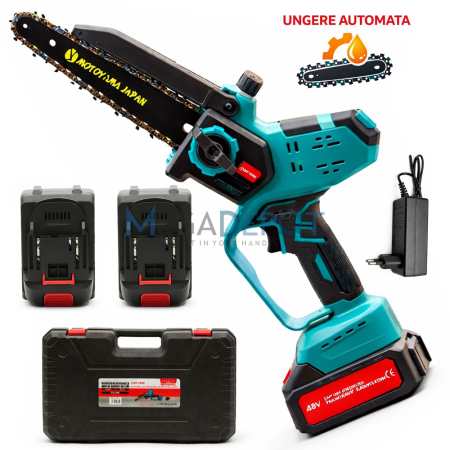 Fierastraie electrice cu lant - Minifierastrau Motoyama Japan, 48V, 2 acumulatori, Sistem de ungere automata integrat, Lama+Lant 8", Geanta transport