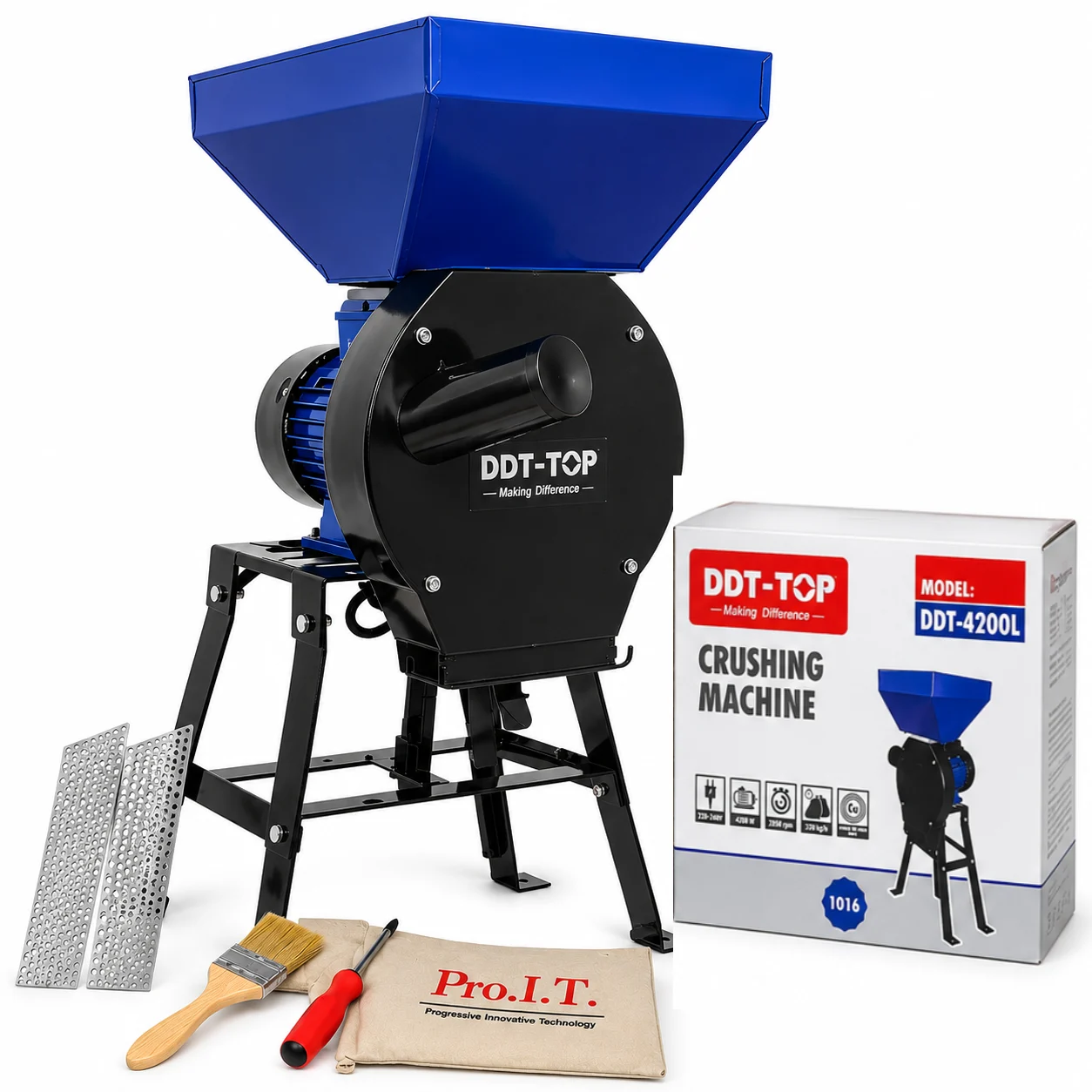 Mori & Batoze - Moara electrica cu suport din metal pentru cereale si stiuleti, DDT-TOP,Cuva Mare, motor 4.2 kw , 3000 rpm, 320 kg/h, 4 site de rezerva, 20 ciocanele,bonus sac,surubelnita si perie,Buton on/off