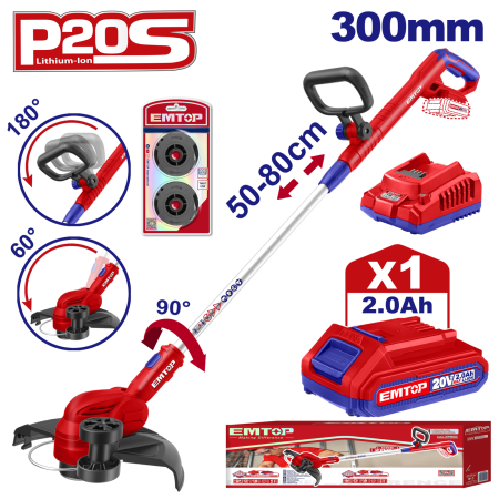Motocoase & Masini de tuns iarba - Motocoasa electrica/Trimmer cu 1 acumulator 2.0AH, maner reglabil, 2.0AH, 300mm - ELGT203285, EMTOP
