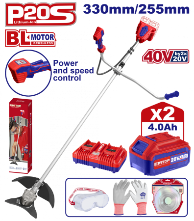 Motocoase & Masini de tuns iarba - Motocoasa electrica/Trimmer cu 2 acumulatori 4.0Ah, motor fara perii (brushless), 330/255mm, accesorii incluse - ELMR202523, EMTOP