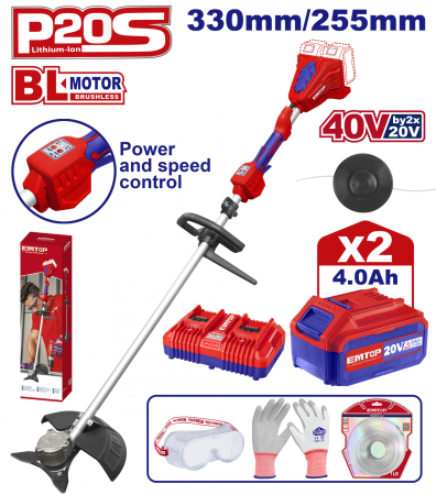 Motocoase & Masini de tuns iarba - Motocoasa electrica/Trimmer cu fir cu 2 acumulatori 4.0Ah, motor fara perii (brushless), 330mm/255mm, accesorii incluse - ELMR200285, EMTOP
