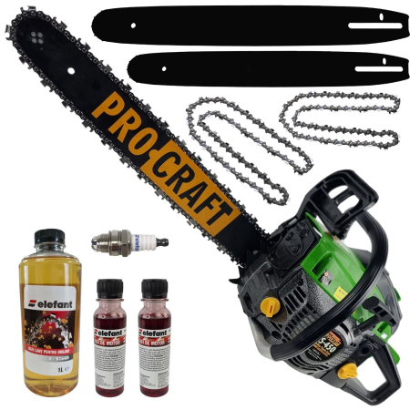 Motofierastraie - Motofierastrau cu lant pe benzina ProCraft GS450, 7CP, 2 lame, 2 lanturi, pachet ulei, bujie rezerva, ungere automata