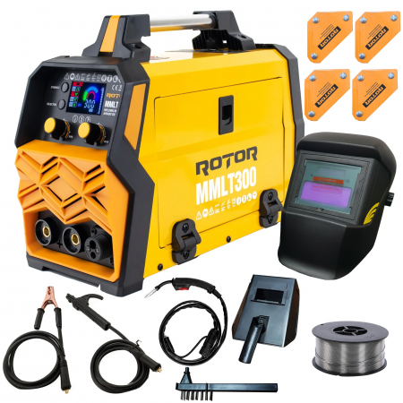 Sudura - Pachet Aparat de sudura Rotor MIG/MMA/LIFT TIG , 20-300A, sarma flux fara gaz, Masca automata, 4 suporti magnetici, sarma flux