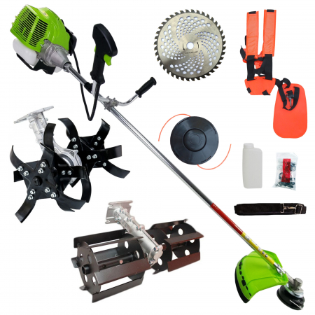 Motocoase pe benzina - Pachet  Motocoasa de umar pe benzina UralMash Campion, 7.5CP, Cultivator, Prasitoare, Ham dublu, Disc vidia, 12.000rpm, Verde/Galbena/Neagra
