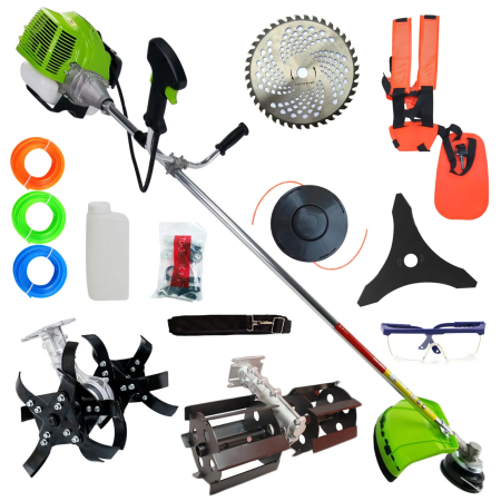 Motocoase & Masini de tuns iarba - Pachet  Motocoasa de umar pe benzina UralMash Campion, 7.5CP, Cultivator, Prasitoare, Ham dublu, Disc vidia, 12.000rpm, Verde/Galbena/Neagra