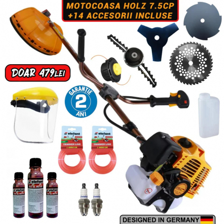 Motocoase pe benzina - Pachet PROMO: Motocoasa pe benzina HOLZ Germany cu 14 ACCESORII incluse de 7.5CP, 10000 RONm 58cc