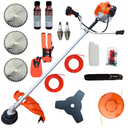 Pachetul Perfect: Motocoasa de umar pe benzina ZID Rusia Profi, 5CP, 16.000 RPM, taiere disc + fir, 3 discuri vidia, ulei de amestec, ham dublu, fir de schimb, 2 bujii de schimb [0]