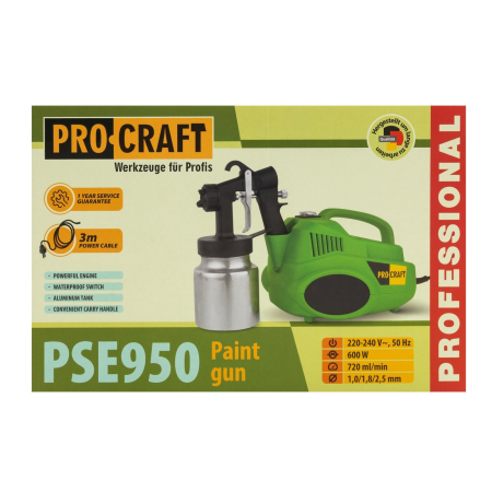Pistol de vopsit ProCraft PSE950, 600W, 3000RPM, Duze 1/1.8/ 2.5mm, Volum recipient 900ml [10]