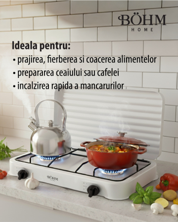 Plita cu doua arzatoare pe gaz si aprindere manuala BOHM BG-M-002-W, 4.4 kW [9]