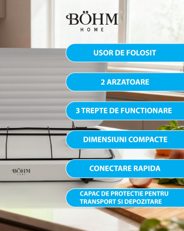 Plita cu doua arzatoare pe gaz si aprindere manuala BOHM BG-M-002-W, 4.4 kW [6]