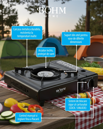 Plita cu un arzator pe gaz Camping BOHM BG-K-001+L, GPL, 2.3 kW, Racord metalic extern pentru furtun de gaz [10]