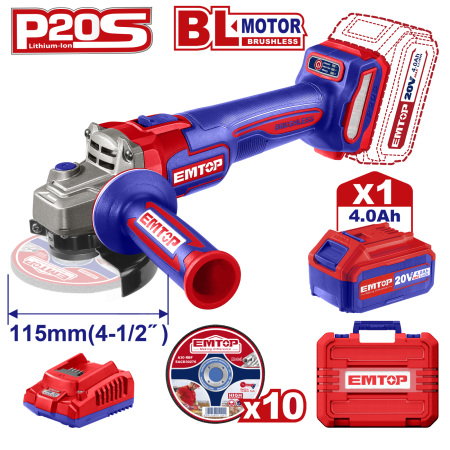 Scule electrice - Polizor unghiular cu 1 acumulator 4.0Ah, motor fara perii (brushless), 115mm, 10 discuri incluse - ELAG211541, EMTOP
